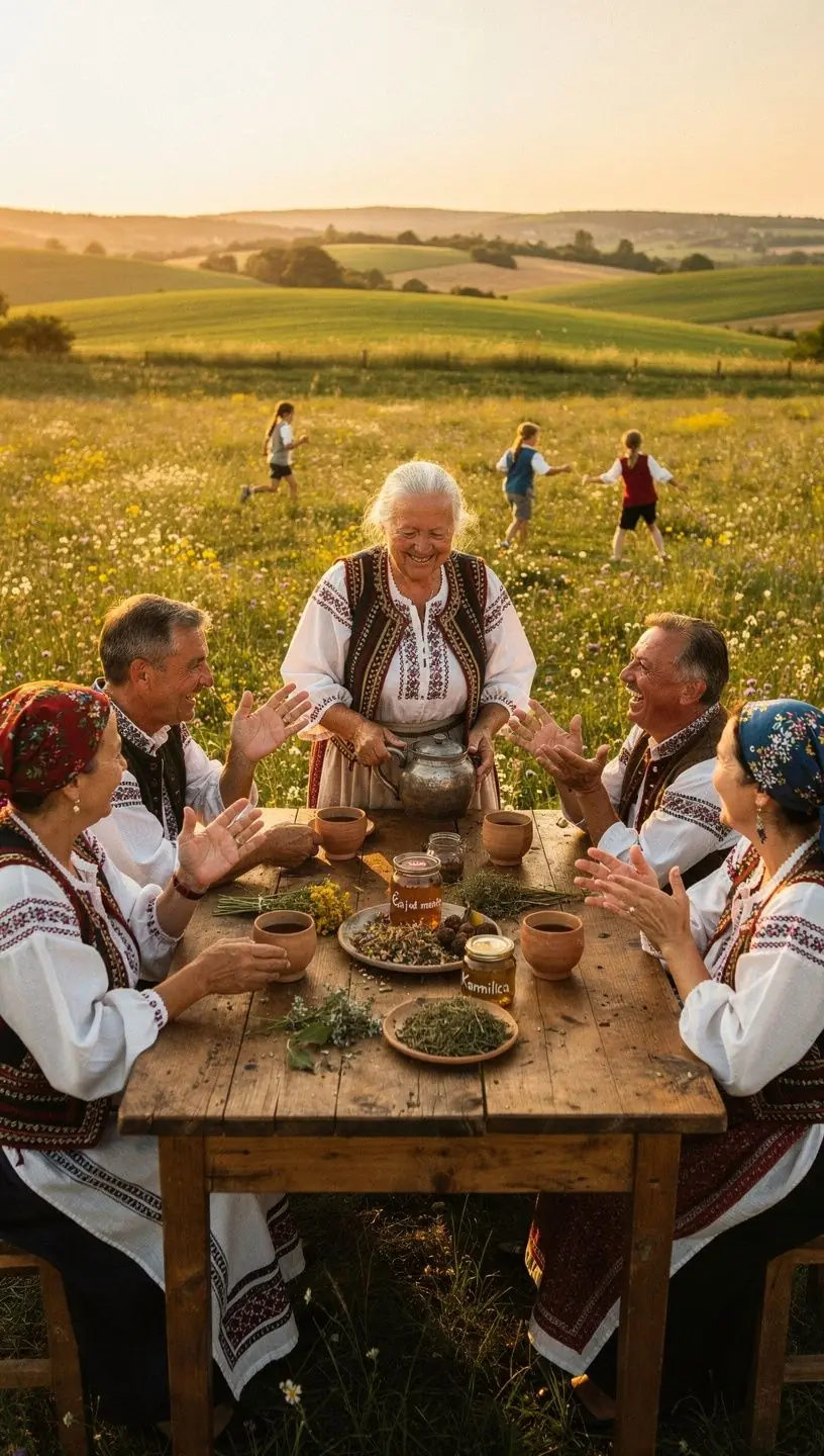 Čajna šalica s aromatičnim biljem okružena cvijećem u vrtu.