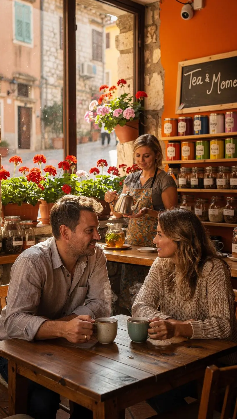 Različiti biljni čajevi servirani u šarenim šalicama s prirodnim motivima.