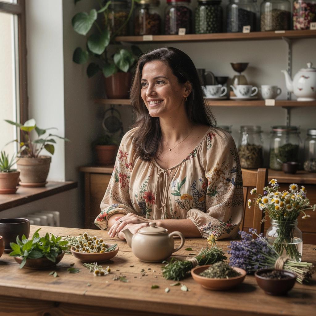 Osoba koja uživa u čaju na mirnom vrtu, okružena zelenilom i cvijećem.